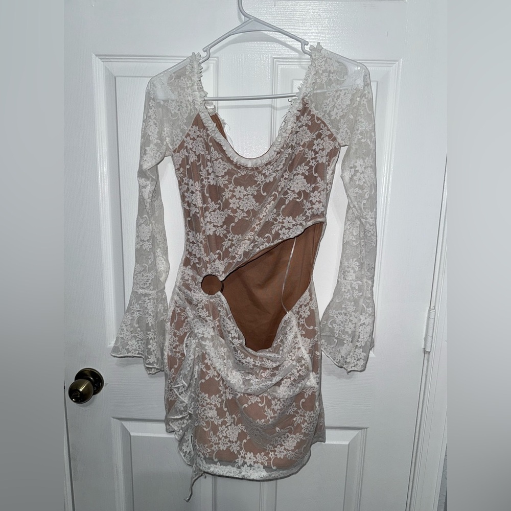 Elegant Sexy Lace Overlay Mini Dress in White and Tan